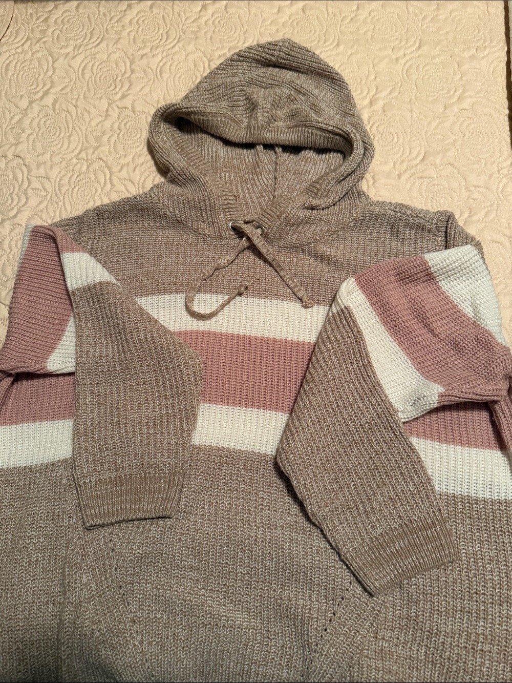 Striped Hooded Knit Sweater in Taupe, Blush & Cream